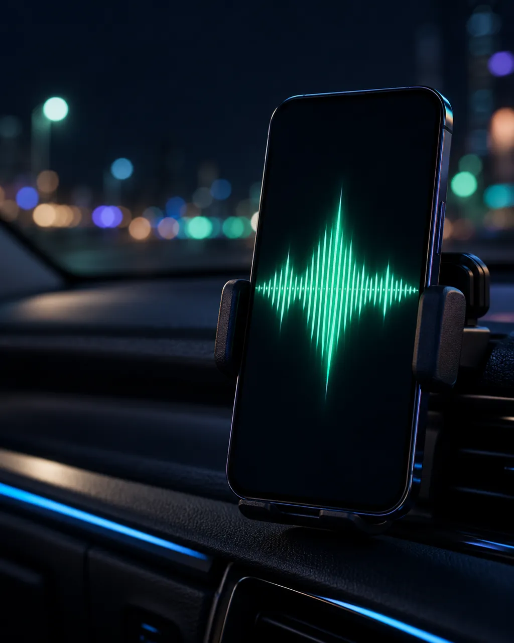 Celular preso no painel de um carro à noite, com uma onda de áudio verde na tela