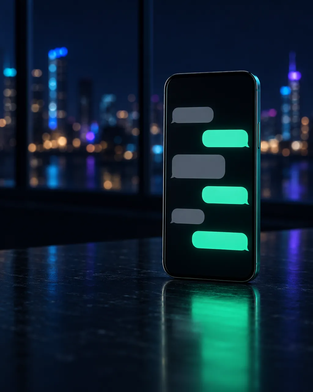 Celular em pé numa bancada escura à noite, com balões de conversa verdes e cinza na tela
