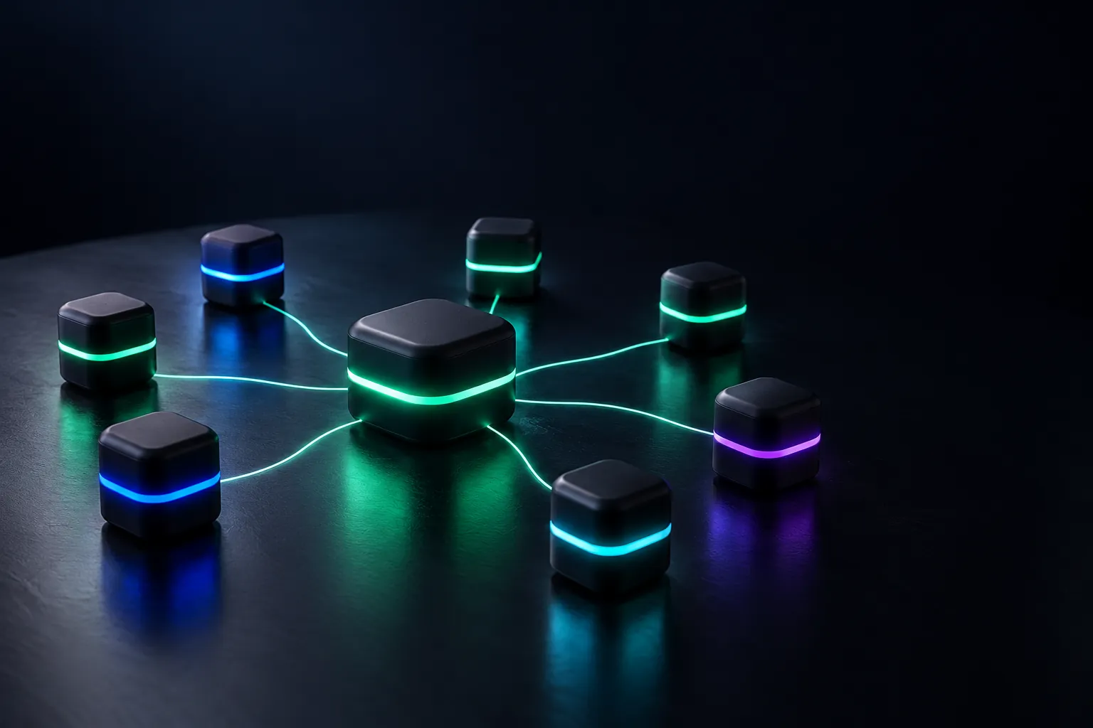 Oito módulos escuros com luzes coloridas ligados por fios de luz a um módulo central, como um time coordenado
